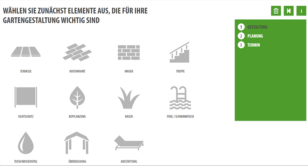 Gartenkonfigurator Einstellungen Auswahl Gartenobjekte